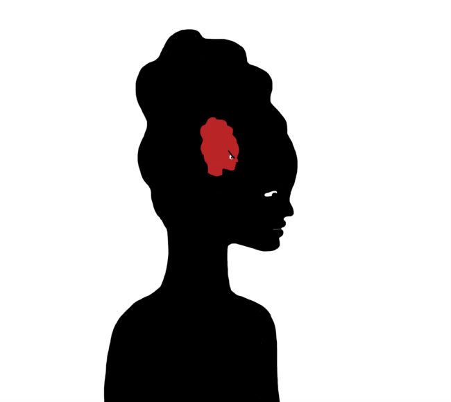 Illustrasjon av person med en sint versjon av seg inni sitt hode som driver selvsabotasje