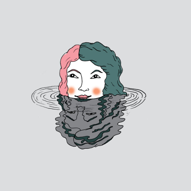 Bilde av kvinne som bader og hennes speilbilde i vannet.