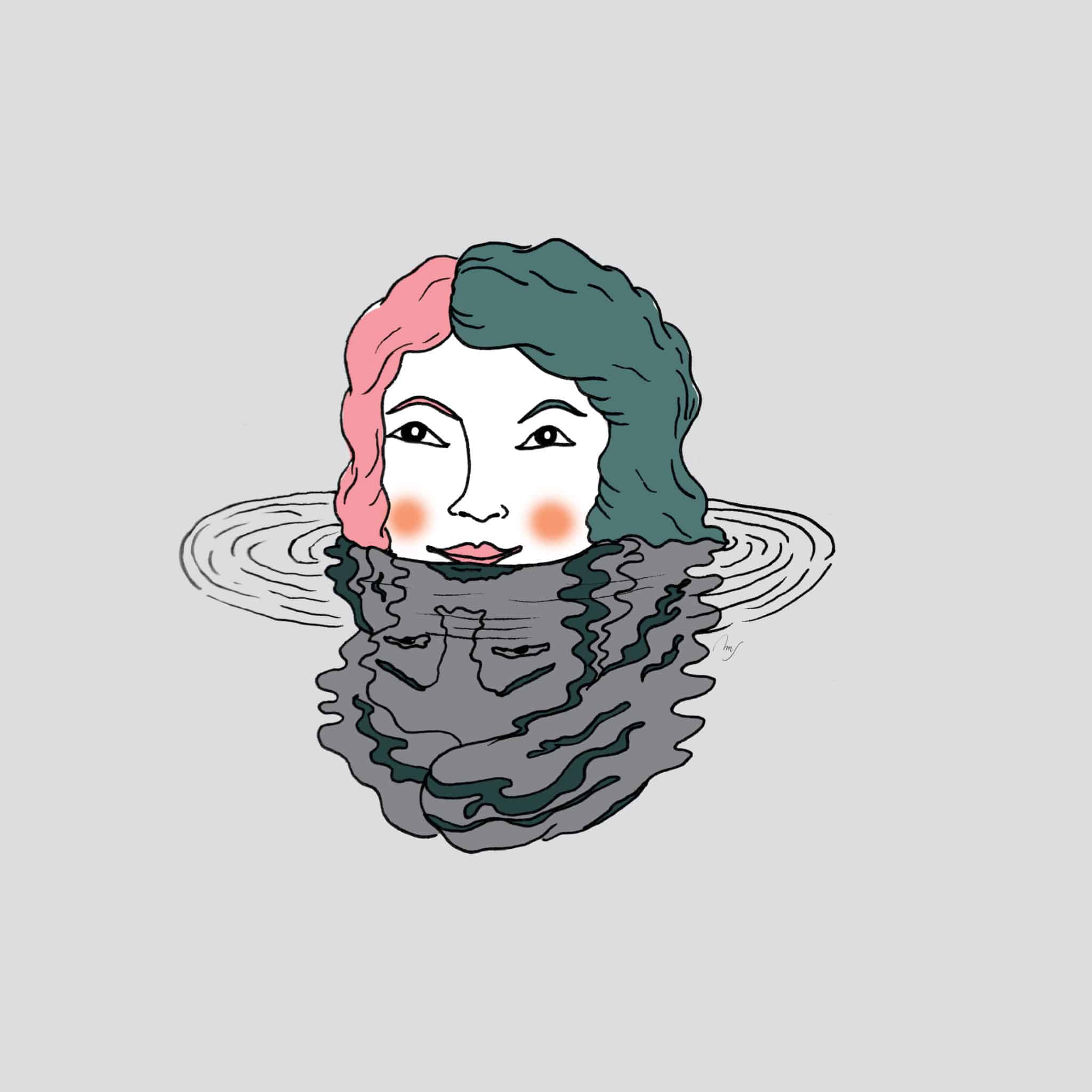 Bilde av kvinne som bader og hennes speilbilde i vannet.