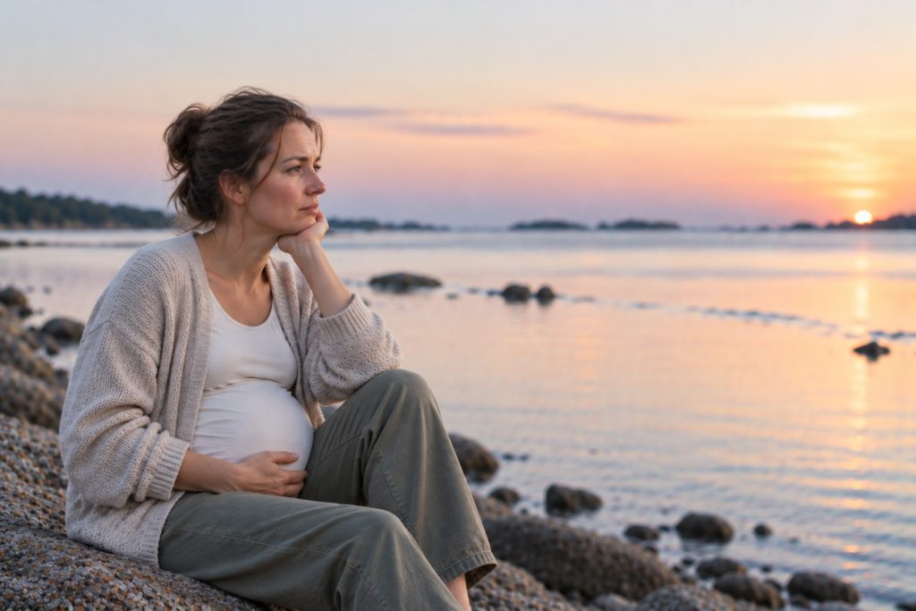 Fødselsangst psykolog oslo favne Gravid kvinne i ettertenksomhet ved vannet, illustrasjon av fødselsangst